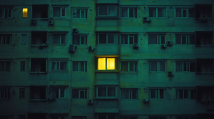 a large apartment building at night, with most windows dark except for one brightly lit window near the center. It creates a feeling of solitude and quiet observation.