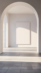 Big interior with large mock-up canvas and circular arc entrance to another space. Minimalistic style with full of empty space. 3D render illustration