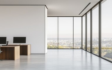 Obraz premium A stylish and spacious co-working space with minimalist desks, desktop computers, and floor-to-ceiling glass windows overlooking an urban landscape