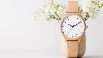 Elegant wooden watch placed next to a delicate white flower on a soft surface highlighting natural beauty
