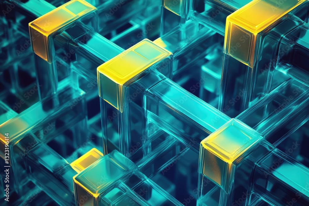 Aufkleber Abstract 3D render of interconnected turquoise and gold glass cubes, creating a complex network.