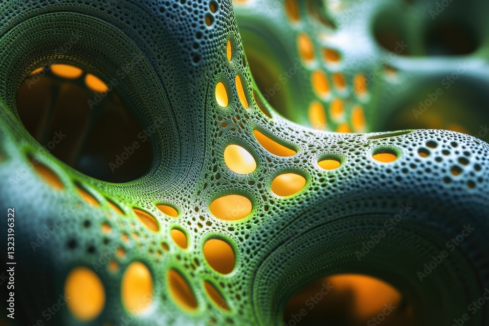 Poster abstract 3d render of a complex, porous, organic-like structure with glowing inner cavities.