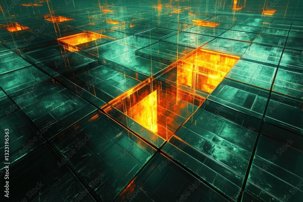 Poster abstract digital landscape with glowing orange cubes and teal grid, futuristic and technological.