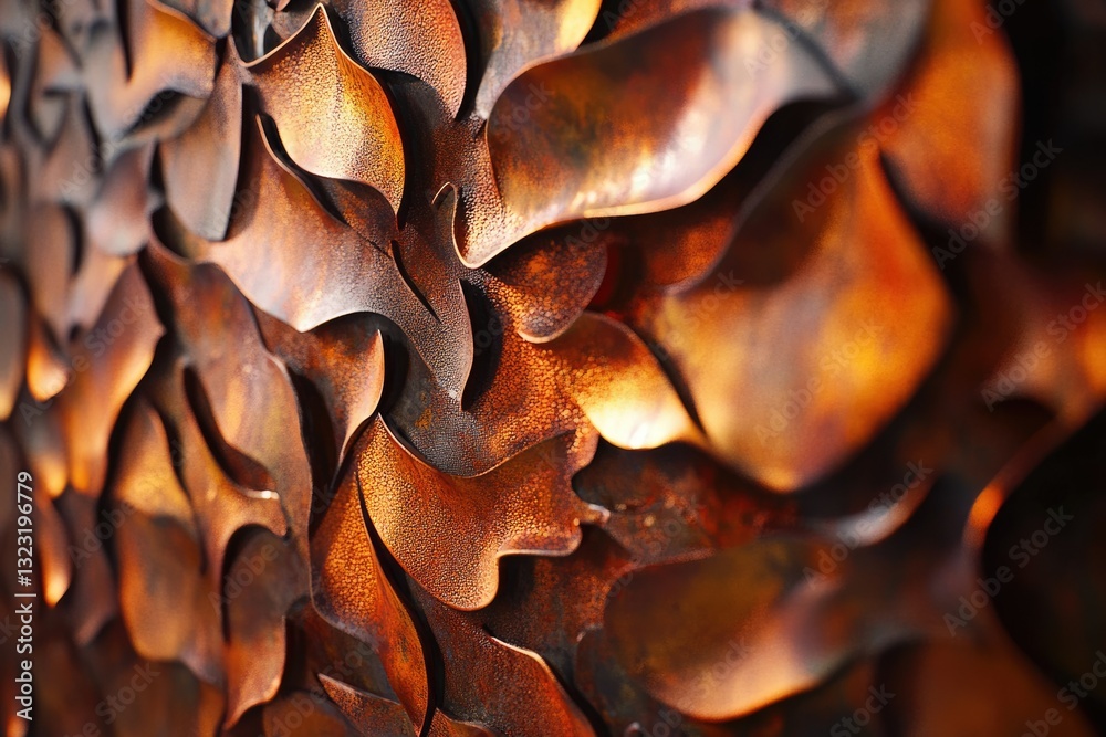 Poster Intricate copper artwork with overlapping, textured, leaf-like forms creating a warm, rich composition.