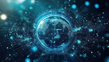 Blockchain themed digital globe surrounded by innovative tech visuals.
