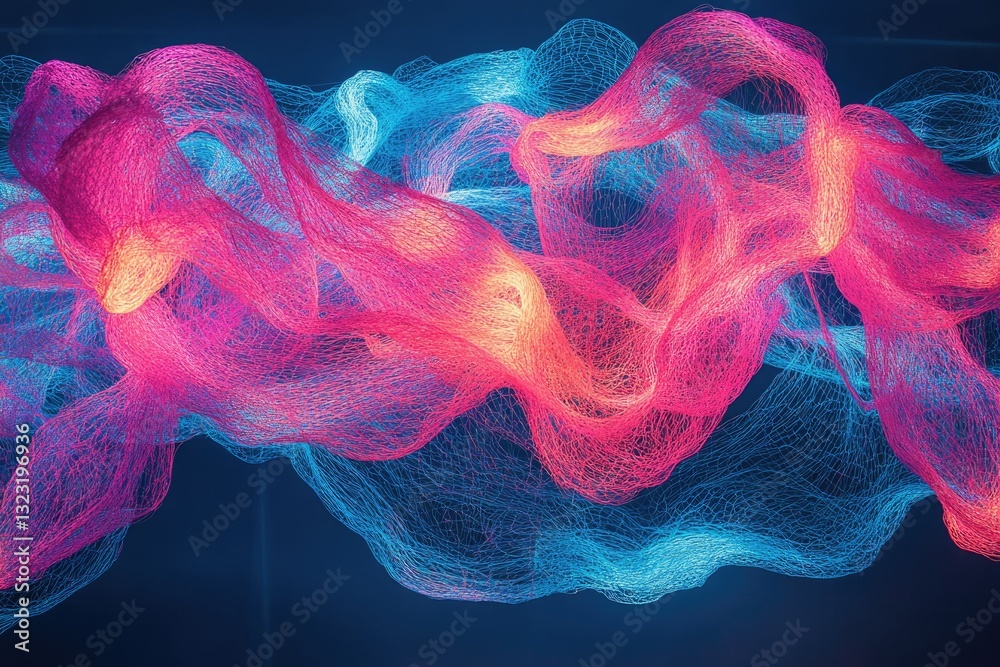 Poster Abstract artwork featuring vibrant pink and blue swirling nets, creating a dynamic and ethereal visual.