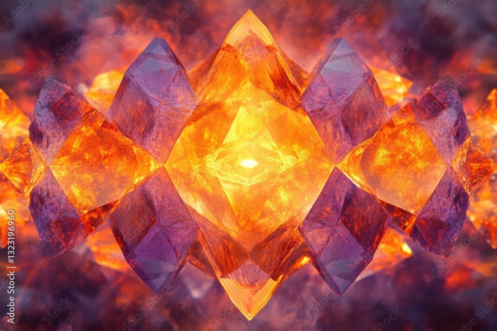 Aufkleber fiery orange and purple crystals cluster in a symmetrical, glowing arrangement, creating a captivati