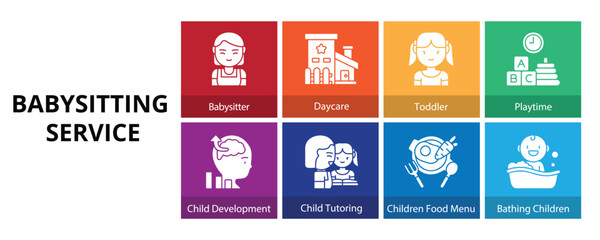 Fototapeta premium Babysitting Service Glyph Solid Banner Web Icon Set Vector Illustration, Babysitter Daycare Toddler Playtime Bathing Children Food Menu Tutoring Development