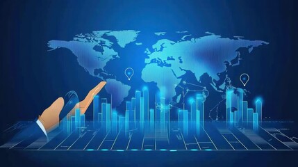 Hand Interacting with a Glowing Digital World Map and Cityscape