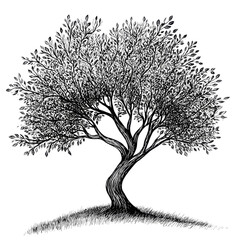 A stylized black tree with intricate branches on a grassy mound.