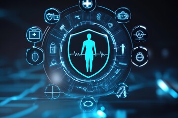 Obraz premium Futuristic Digital Health Protection Human Body Shield with Medical Icons
