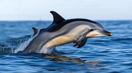 Fototapeta premium Majestic dolphin leaping out of the clear blue ocean water creating a splash in a stunning minimalist style