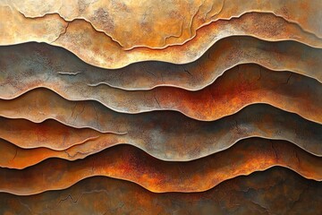 Abstract layered artwork resembling rust-colored, textured hills or waves, with cracks and varying shades of brown and orange.