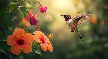 Hummingbird Flying Near Hibiscus and Fuchsia Flowers in Garden