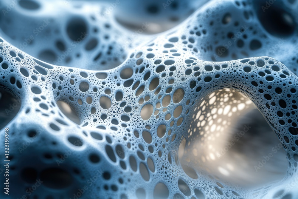 Poster Abstract 3D render of a porous, cavernous structure with interconnected holes, resembling a sponge or bone.