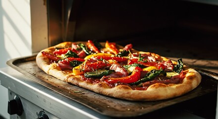 Baking Fresh Pizza with Vegetables in Oven on Metal Tray