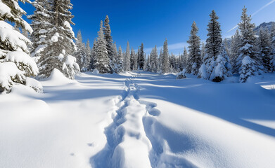 Obraz premium Scenic winter landscape with fresh snow covering trees and a clear blue sky. 