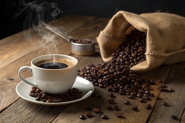 Steaming cup of black coffee with roasted beans spilling from a burlap sack on rustic wood