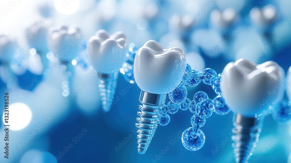 Poster Exploring advanced dental solutions with titanium implants and molecular structures in a scientific background