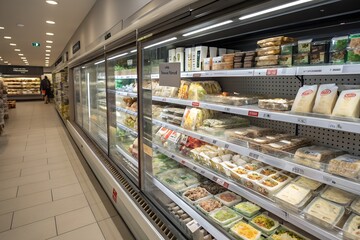 Supermarket refrigerated section displays fresh salads and ready meals for convenient food shopping