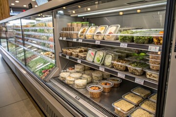 Supermarket refrigerated display case filled with healthy ready-to-eat meals and fresh salads