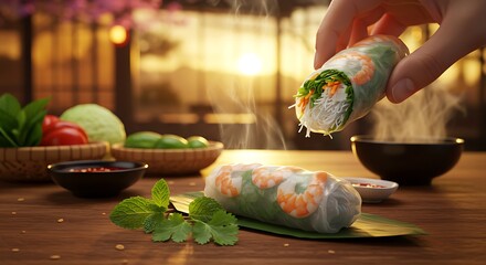 Fresh Shrimp Spring Roll Held Over Wooden Table with Ingredients