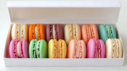 A colorful selection of French macarons arranged in a gift box, with delicate pastel shades