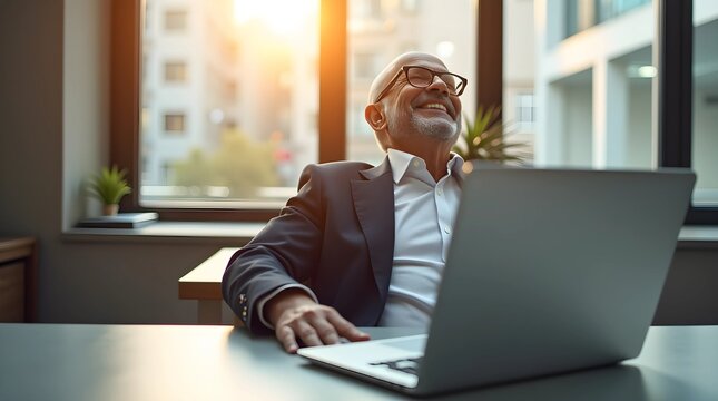 Professional Sitting at Desk with Cityscape View