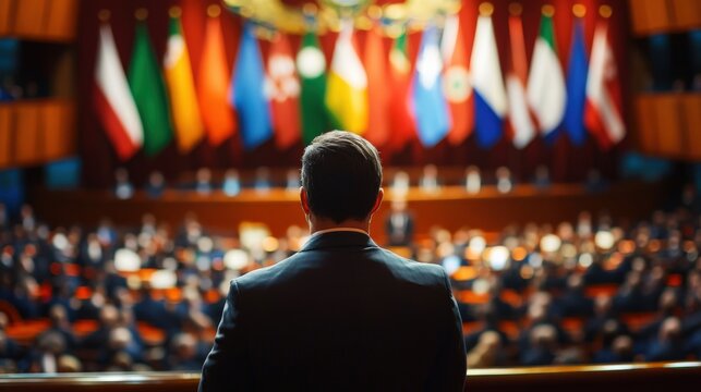 A business leader welcoming international delegates at a conference