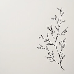 Fototapeta premium A simple yet realistic line drawing of a tree branch with tiny leaves, shaded delicately, placed at the bottom corner of a white sheet.
