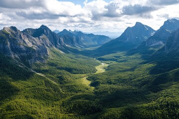 Majestic Mountain Valley Landscape Aerial View of Lush Green Forest and River