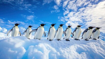 Obraz premium Captivating Antarctic: A Line of Emperor Penguins on a Glacial Iceberg in the South Pole