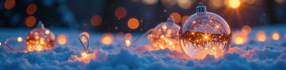 Shimmering spheres reflect the warm glow of string lights against a snowy backdrop, glow, reflection