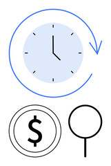 Clock with circular arrow, dollar sign in a coin, and magnifying glass. Ideal for time management, financial planning, investment, productivity, focus analysis efficiency. Flat simple metaphor