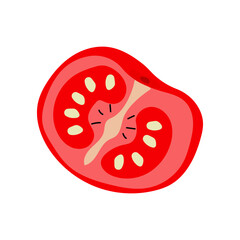 Freshly sliced tomato revealing juicy seeds and vibrant red interior, perfect for salads and garnishes