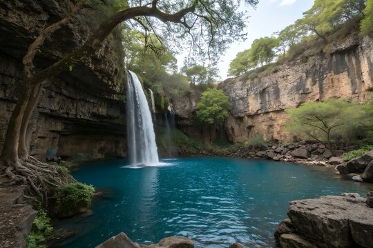 Tamul Waterfall cascading into a turquoise pool surrounded by lush greenery in San Luis Potosi