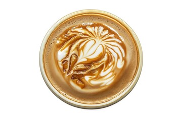 Delicious Caramel Latte Art Coffee Cup Top View, Isolated on White Background