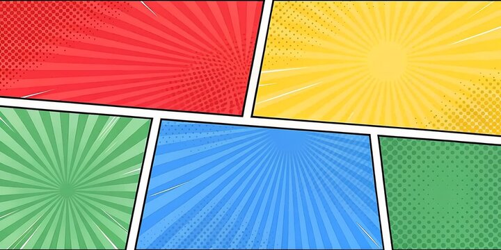Vibrant Comic Book Page Layout with Retro Burst Effects and Halftone Patterns for Storytelling