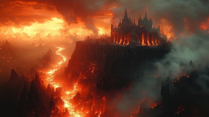 Obraz premium Infernal Fortress: A towering fortress emerges from a fiery landscape of molten rivers and an ominous sky, its silhouette defined by the red-orange glow of the inferno.