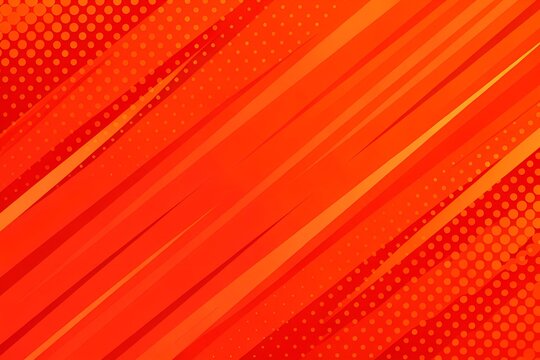 Vibrant red background with dynamic diagonal lines and halftone patterns creating a modern design