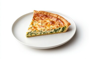 Spinach quiche served on a minimalist plate with a clean side view showcasing a perfect slice