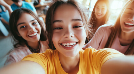 Fototapeta premium Group of happy teenagers smiling and taking a selfie in a bright room with natural sunlight.