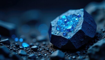 Glittering crystals embedded in dark blue stone, precious, luxury, rock