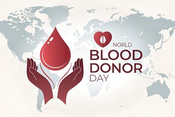 World Blood Donor Day illustration with hands holding blood drop on world map background