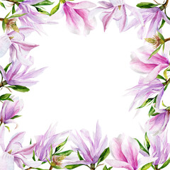 Magnolia frame botanical illustration. Card design with pink magnolia flowers and leaf. Watercolor botanical illustration isolated on white background.