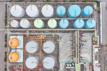 Industrial Storage Tank Farm with Colorful Tanks Aerial View