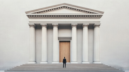 Fototapeta premium Man standing in front of modern building illustrating concept of shadow banking system in realistic photographic style