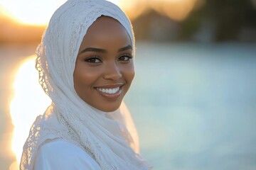 Portrait of beautiful african muslim woman in hijab smiling at camera outside