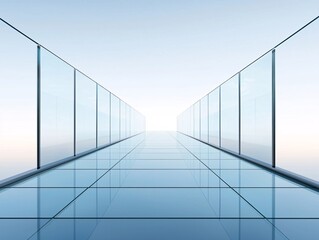 A glass bridge suspended in mid-air, seemingly disconnected from any support, giving the illusion of walking on nothingness. The sky beneath it reflects as if itâ€™s an endless drop, disorienting the