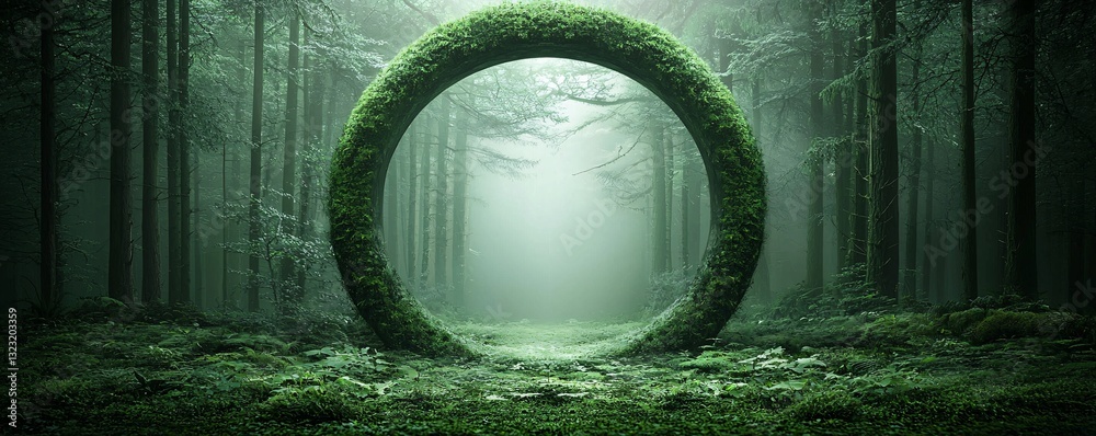 Poster a mirror in the middle of a forest that doesn't reflect reality but instead shows a parallel world w